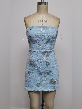 Vintage Strapless Pale Blue Sequin Floral Mini Dress 3D embroidered